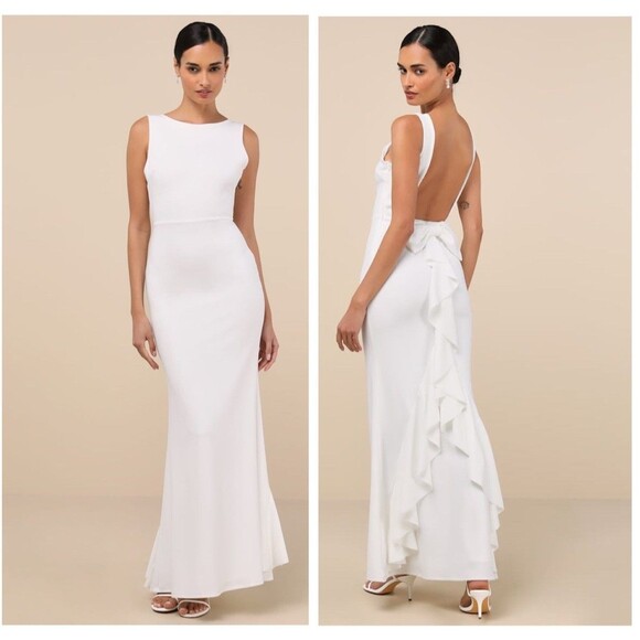 Lulus Exquisite Refinement Ivory Backless Bow Ruffled Maxi Dress Size Medium NWT - Picture 1 of 8